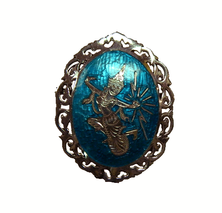 blue enameled Siam silver brooch and earring set