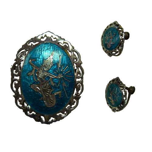Blue enameled Siam silver brooch and earring set