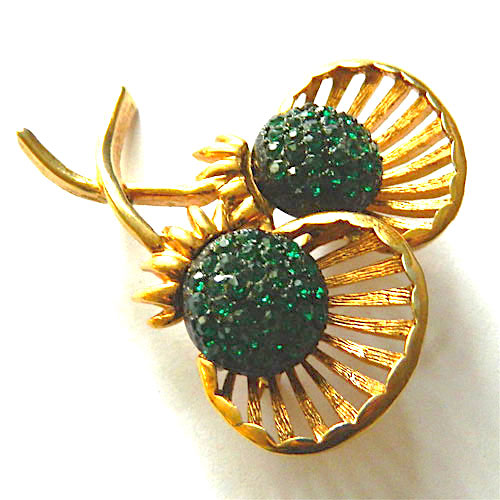 Green rhinestone flower brooch