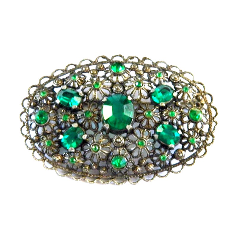 Green rhinestone flower brooch