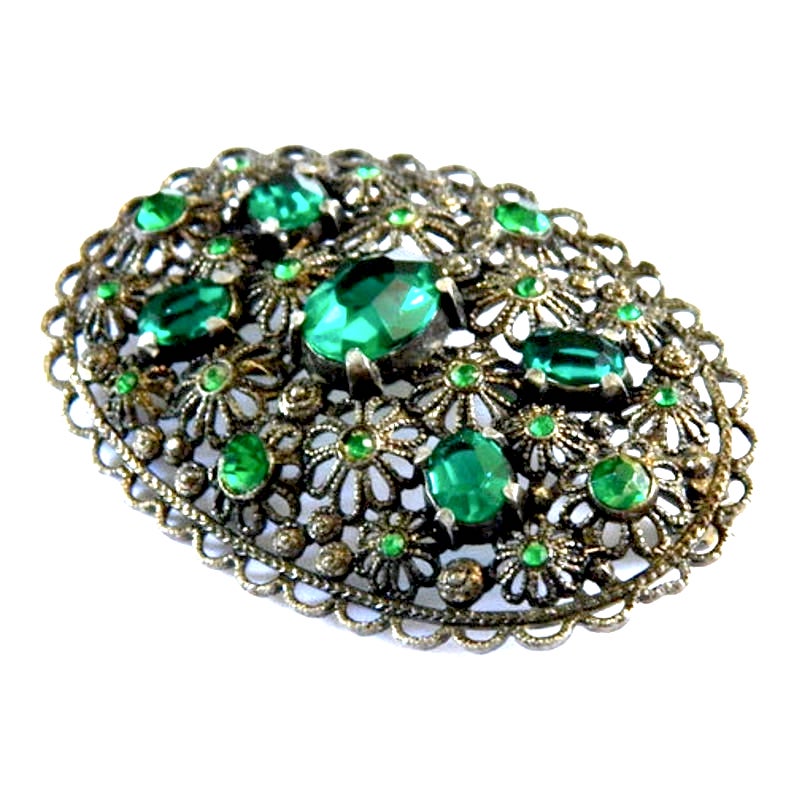 Green rhinestone flower brooch