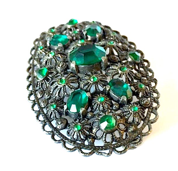 Green rhinestone flower brooch