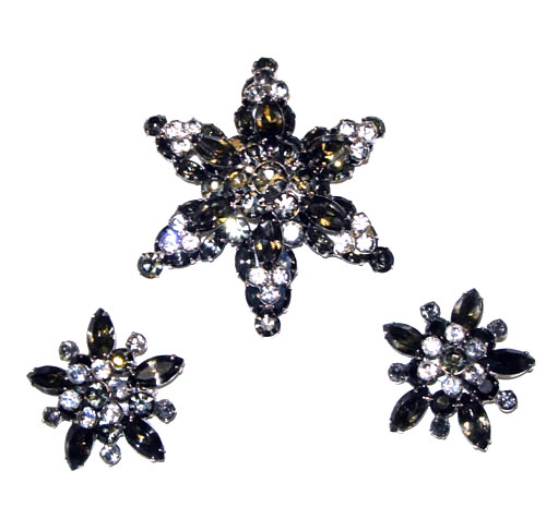 1950's grey smoke rhinestone brooch and earring set