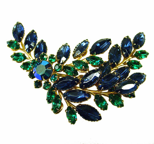 Vintage 1950's green and blue rhinestone brooch