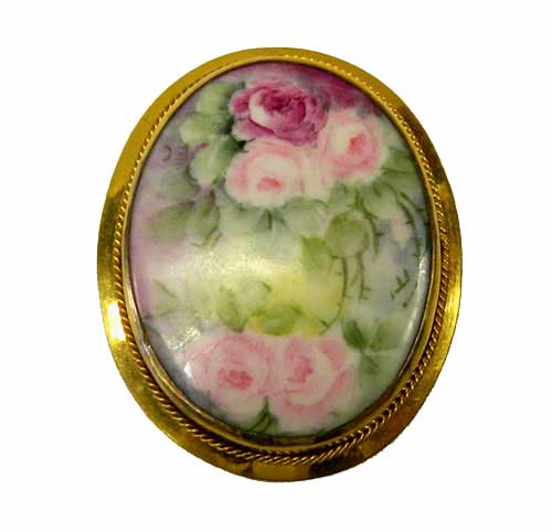 Vintage porcelain brooch pendant with hand painted roses