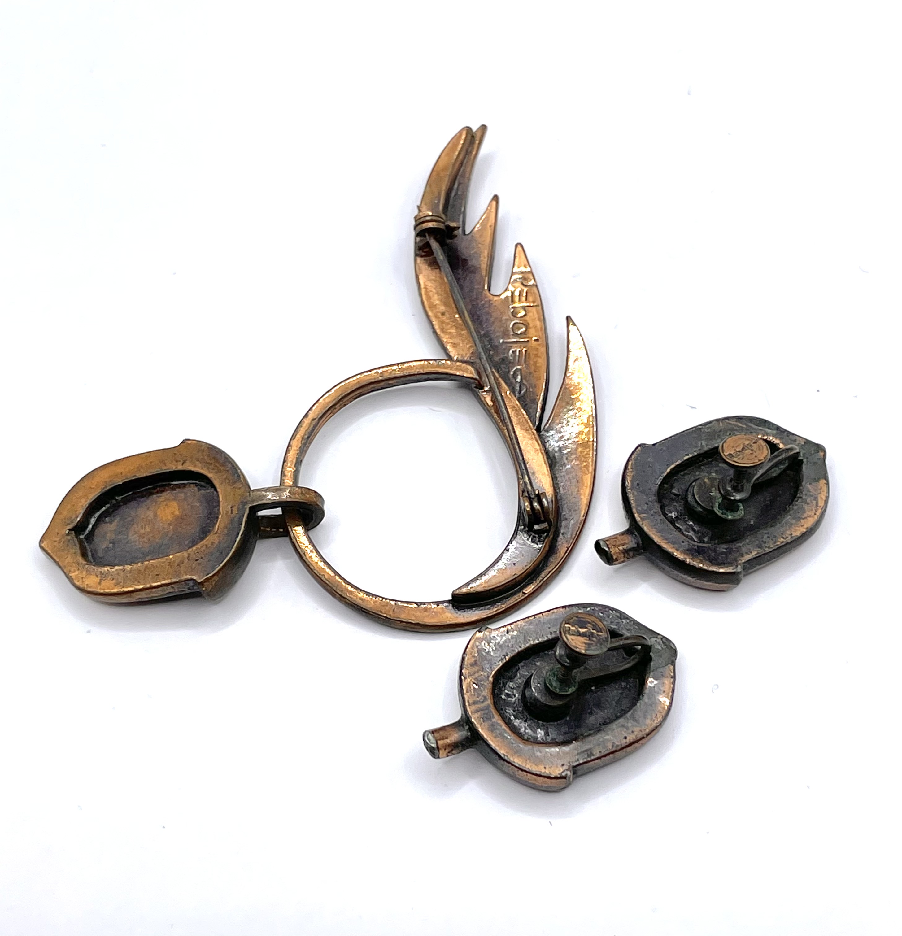 1950s Rebajes copper brooch and earrings