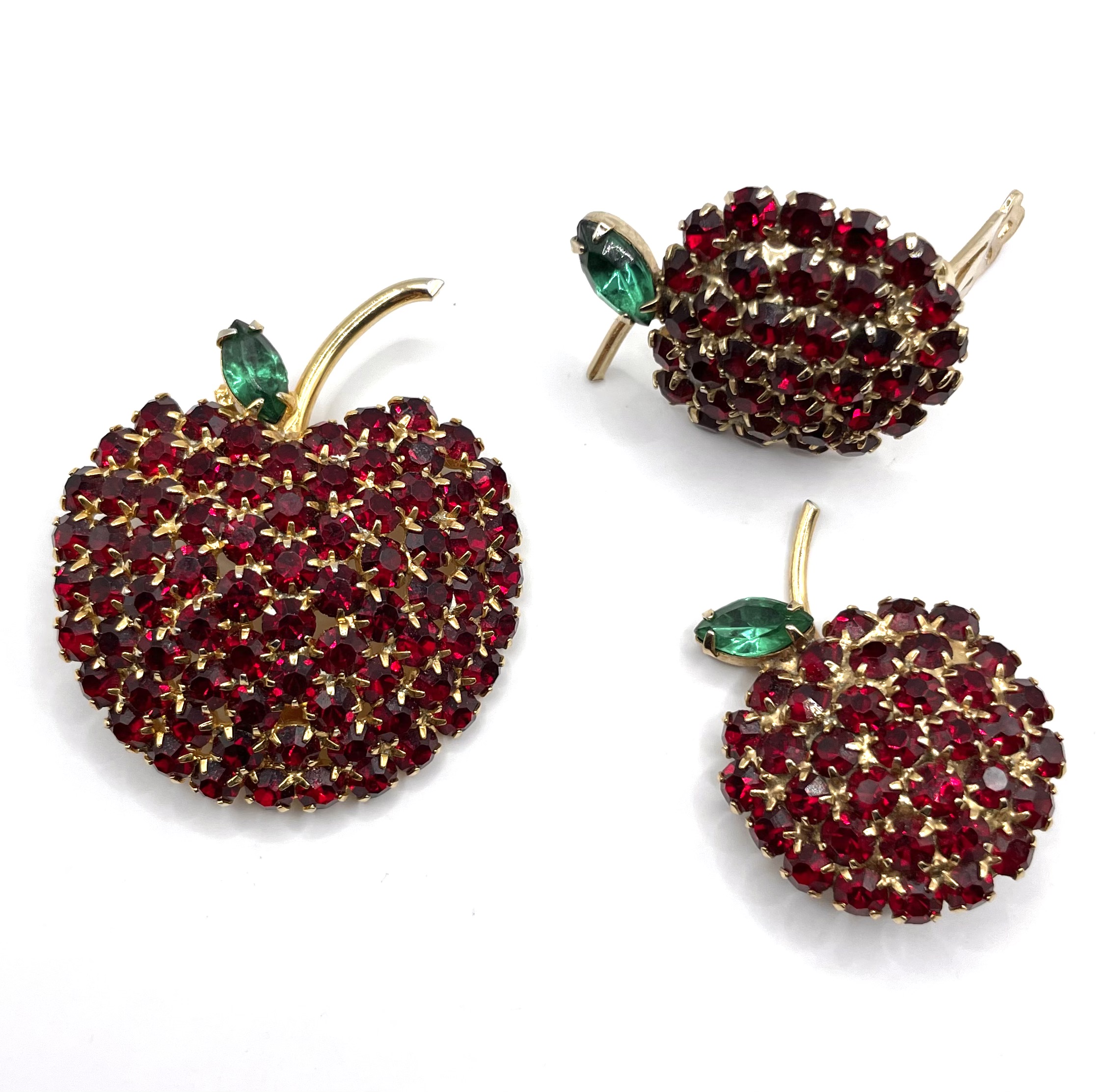 Rhinestone apple brooch and earring set