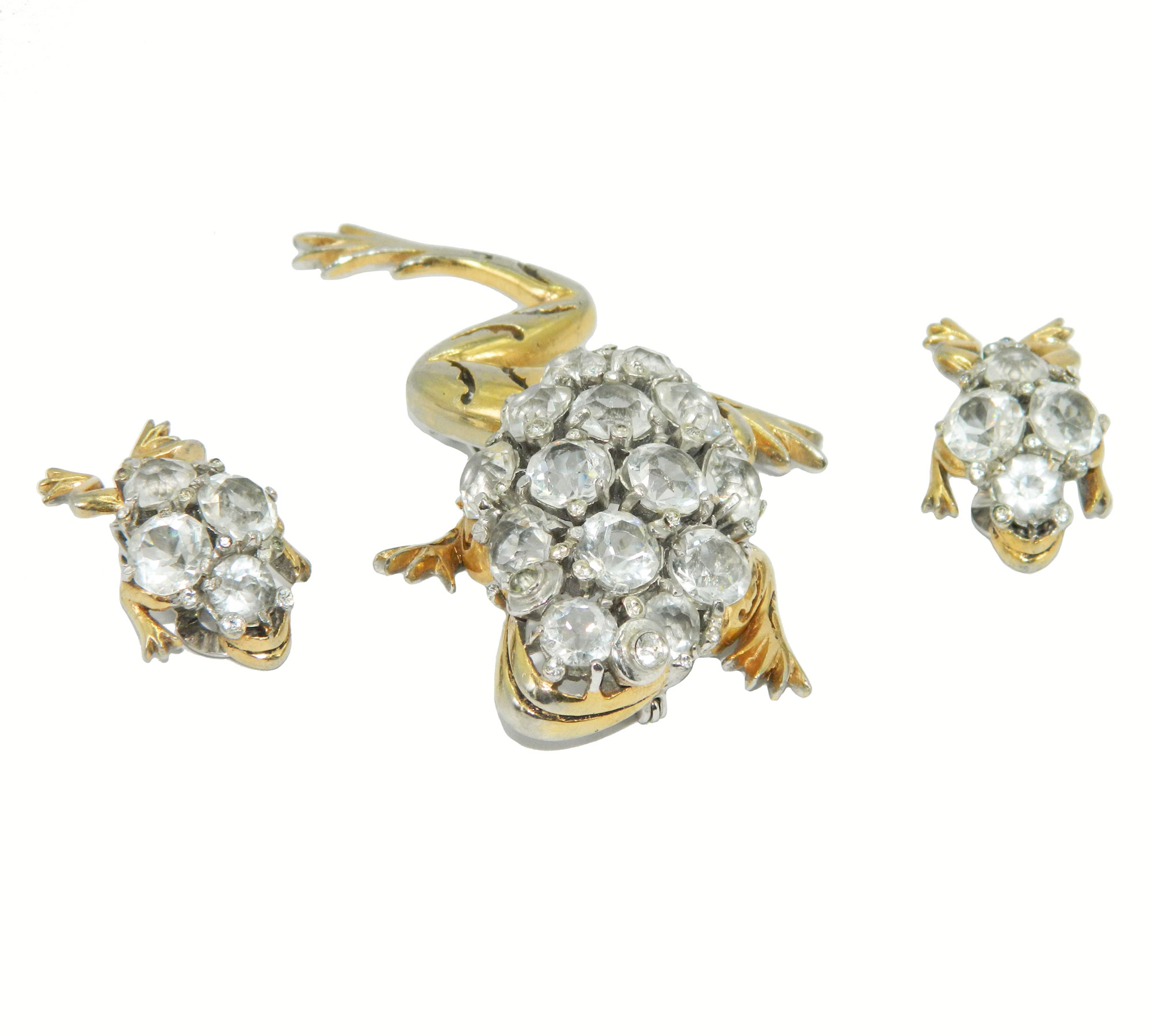 1940s Reja rhinestone frog brooch and earring set