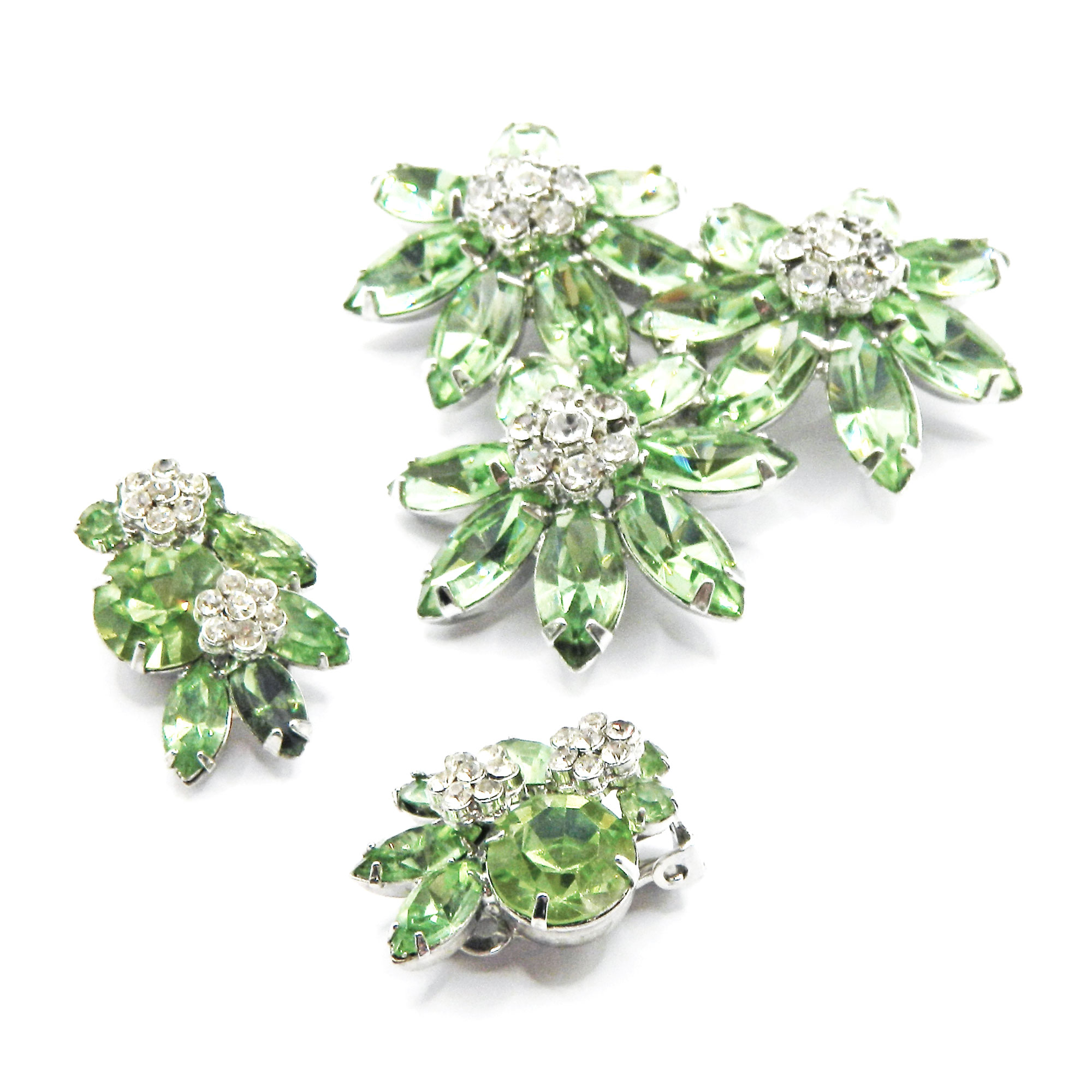 Vintage green rhinestone brooch and earring set