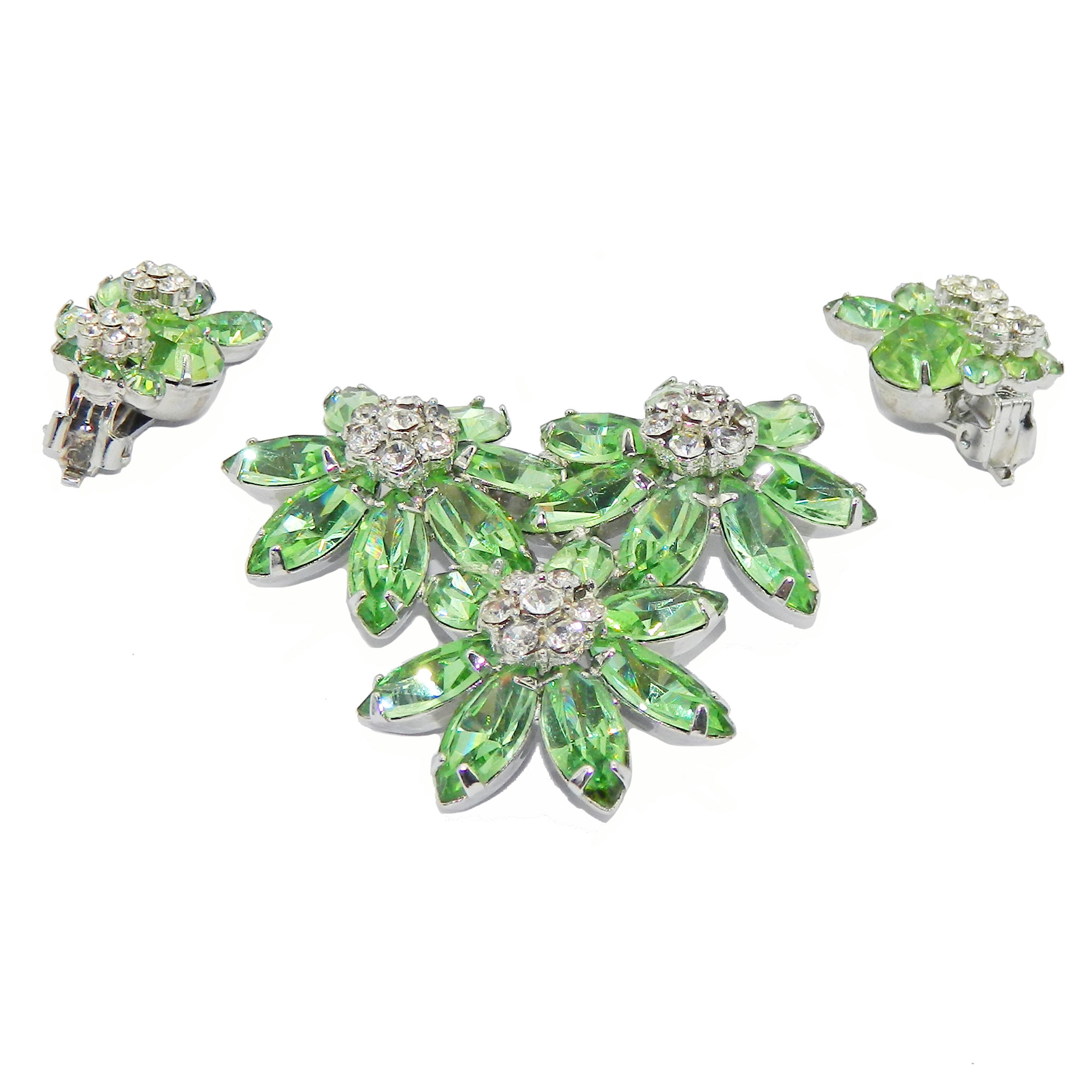 Vintage green rhinestone brooch and earring set