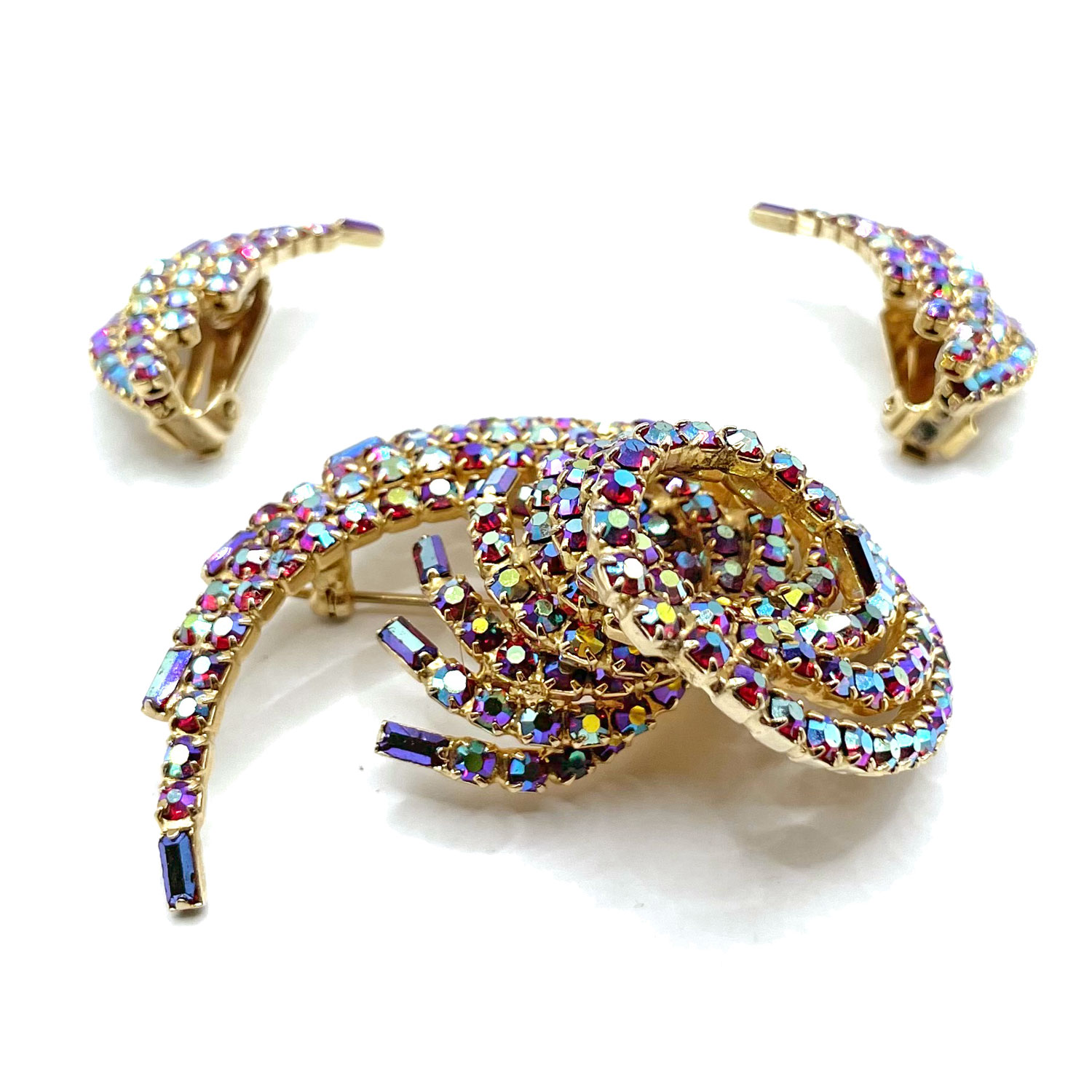 1960s red rhinestone brooch and earring set