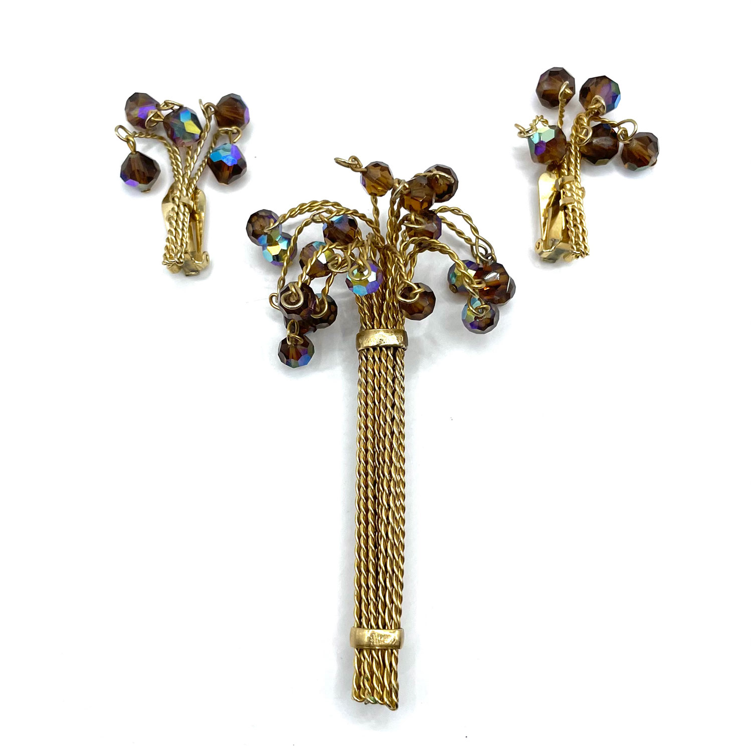 1960s crystal bead brooch and earring set