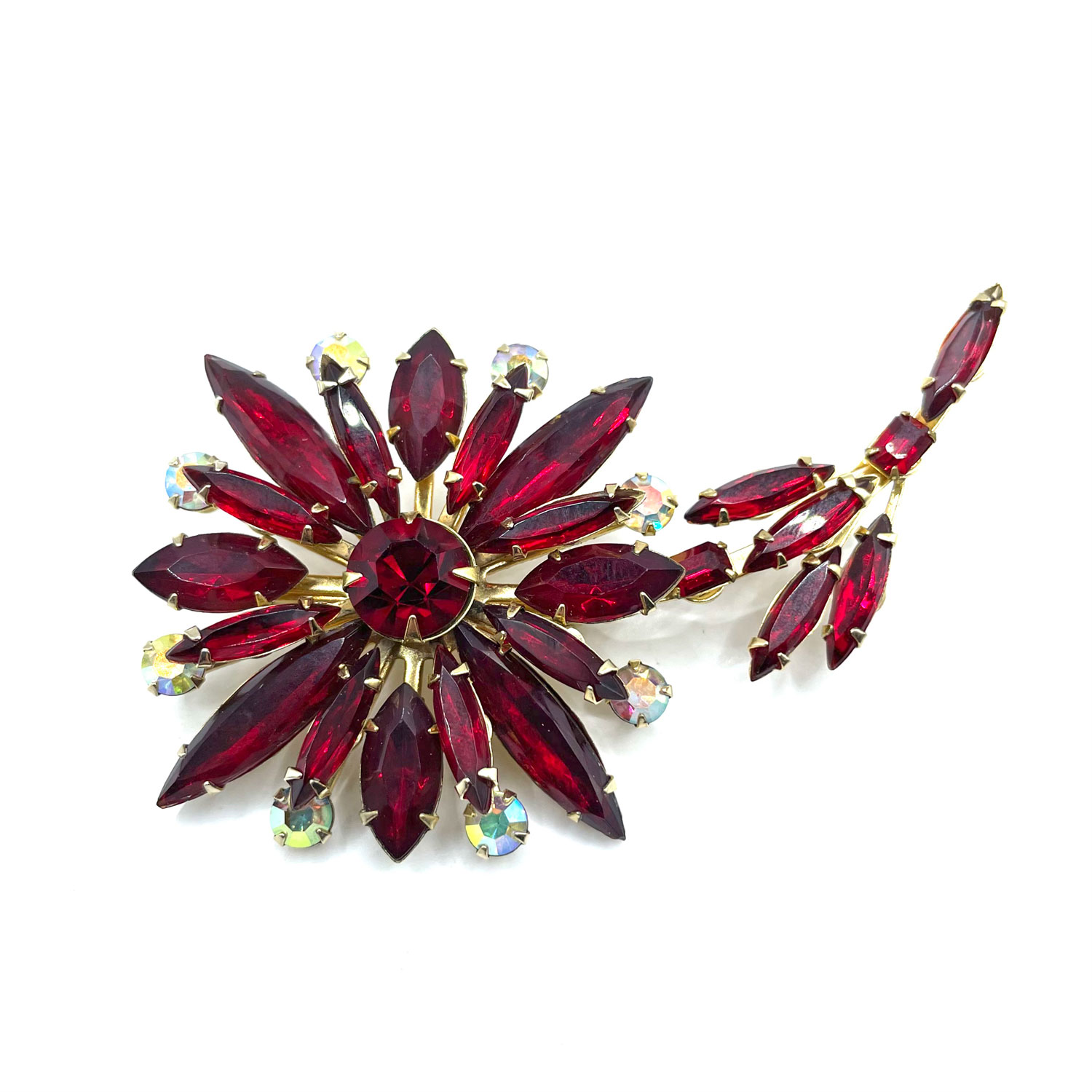 1960s scarlet red flower brooch and earring set