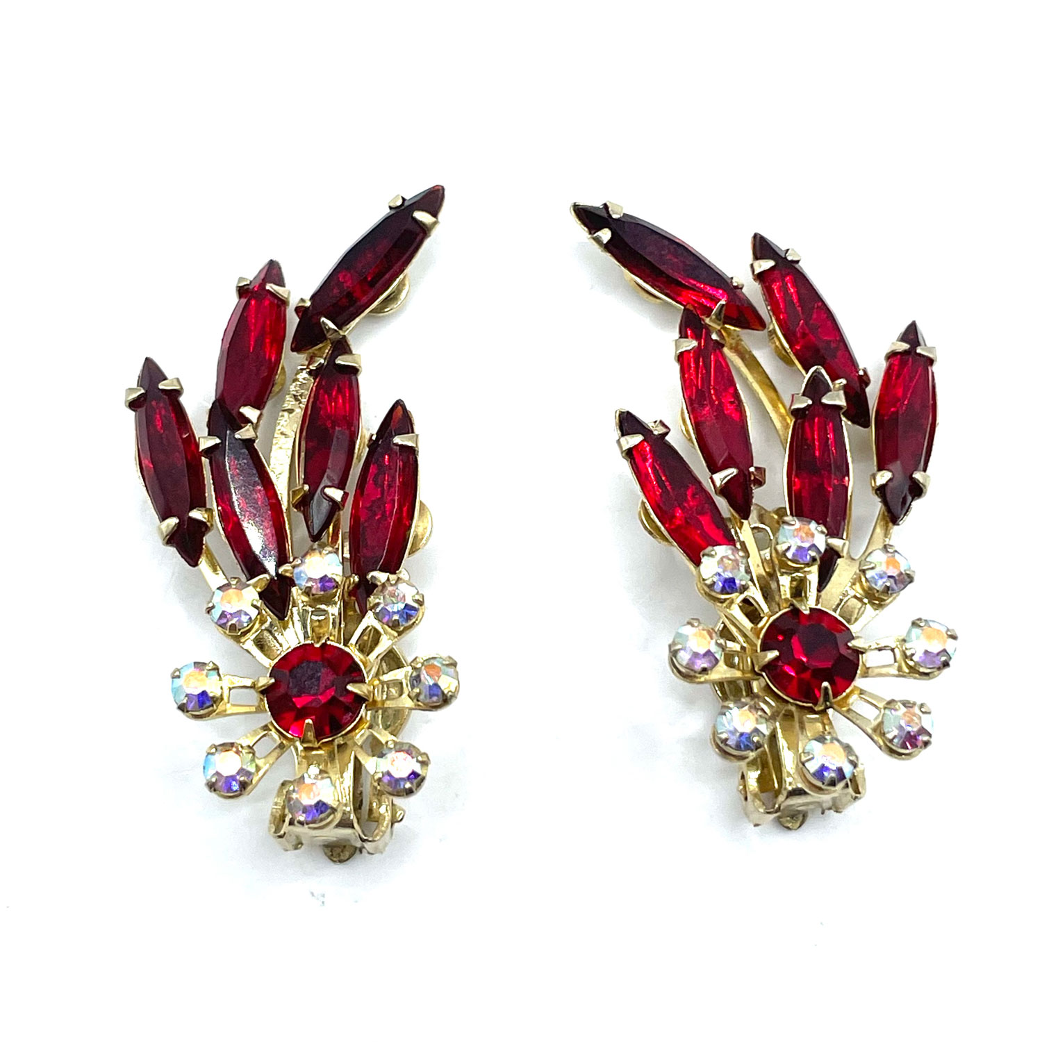 1960s scarlet red flower brooch and earring set