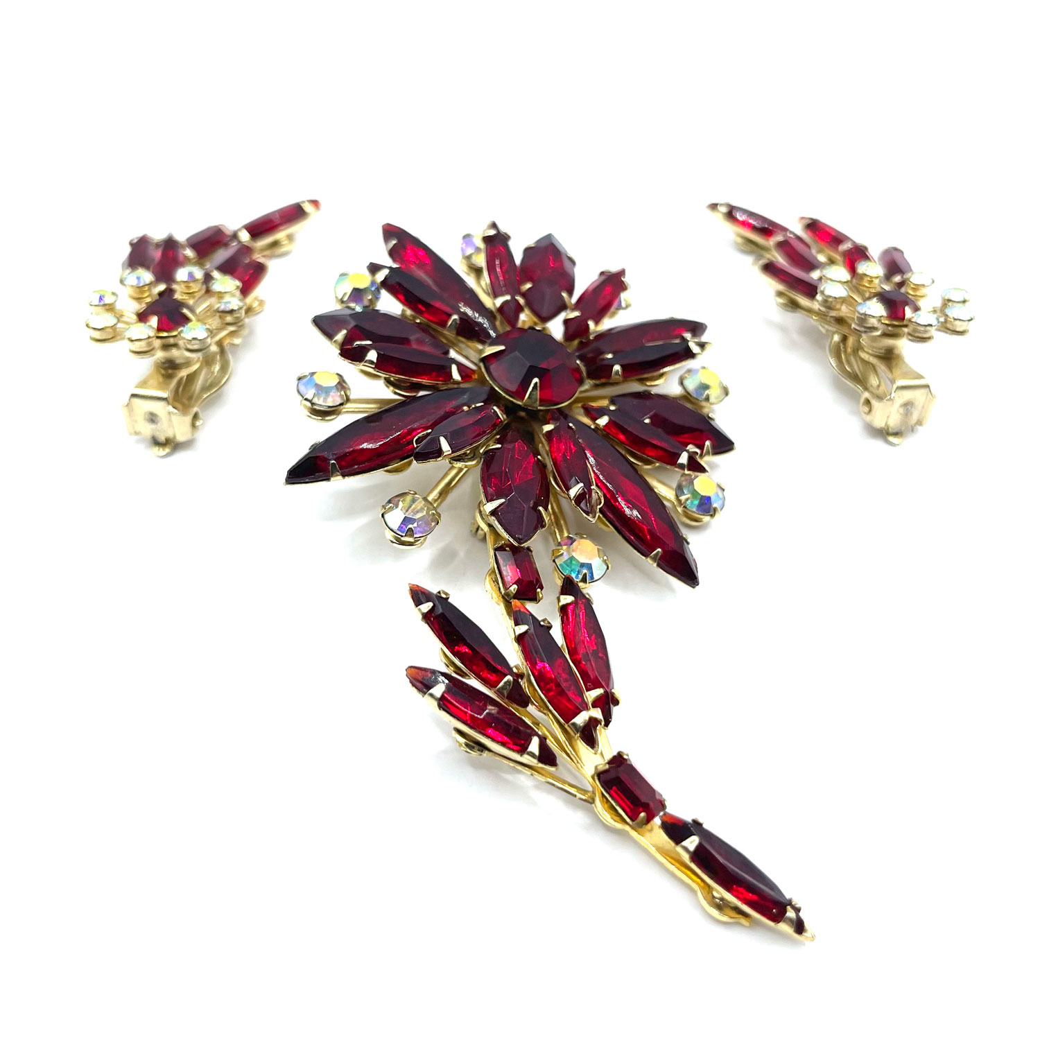 1960s scarlet red flower brooch and earring set