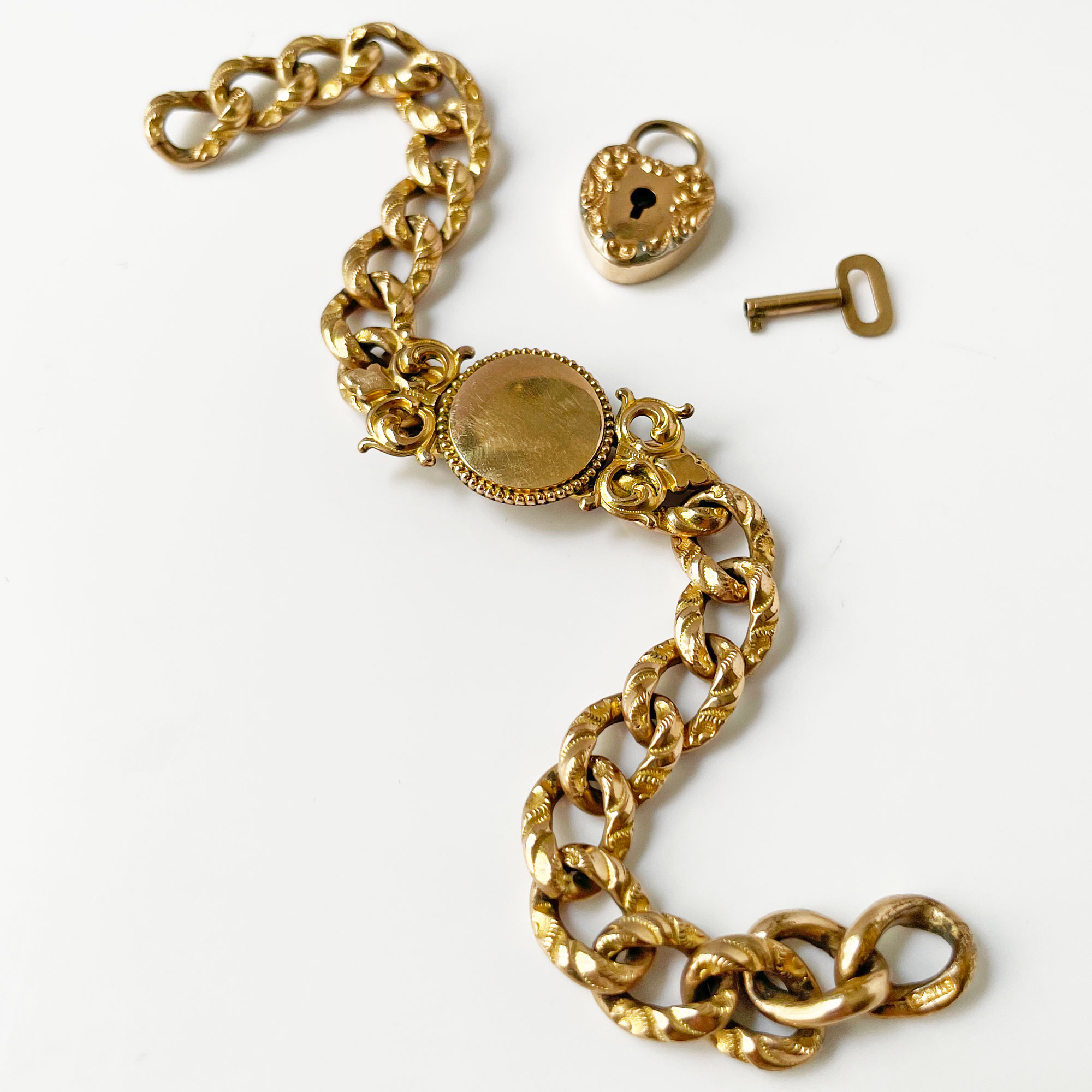 Antique gold filled heart lock and key bracelet
