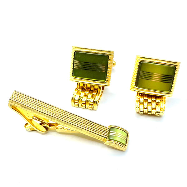 green cufflink and tie clip set