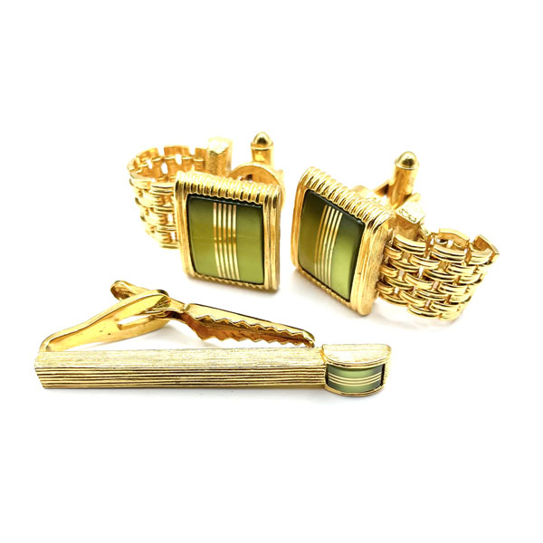 green cufflink and tie clip set