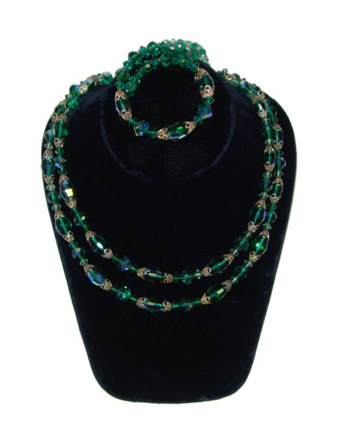 1950's green aurora borealis crystal necklace and bracelet set