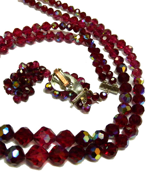 1950's Laguna red aurora borealis crystal necklace and earring set