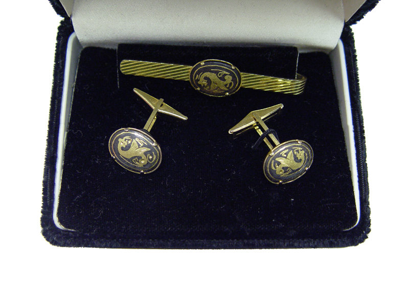 Spanish damascene cufflink and tie clip set