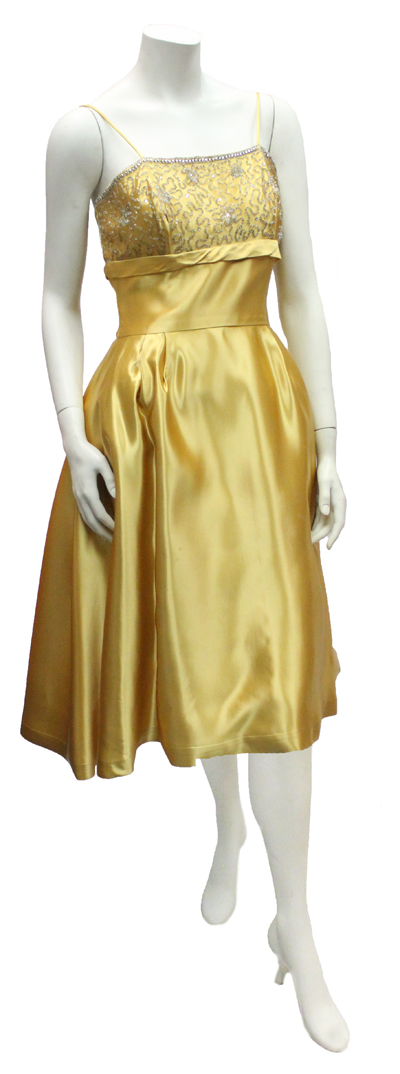 vintage 1950's yellow satin beaded cocktail dress