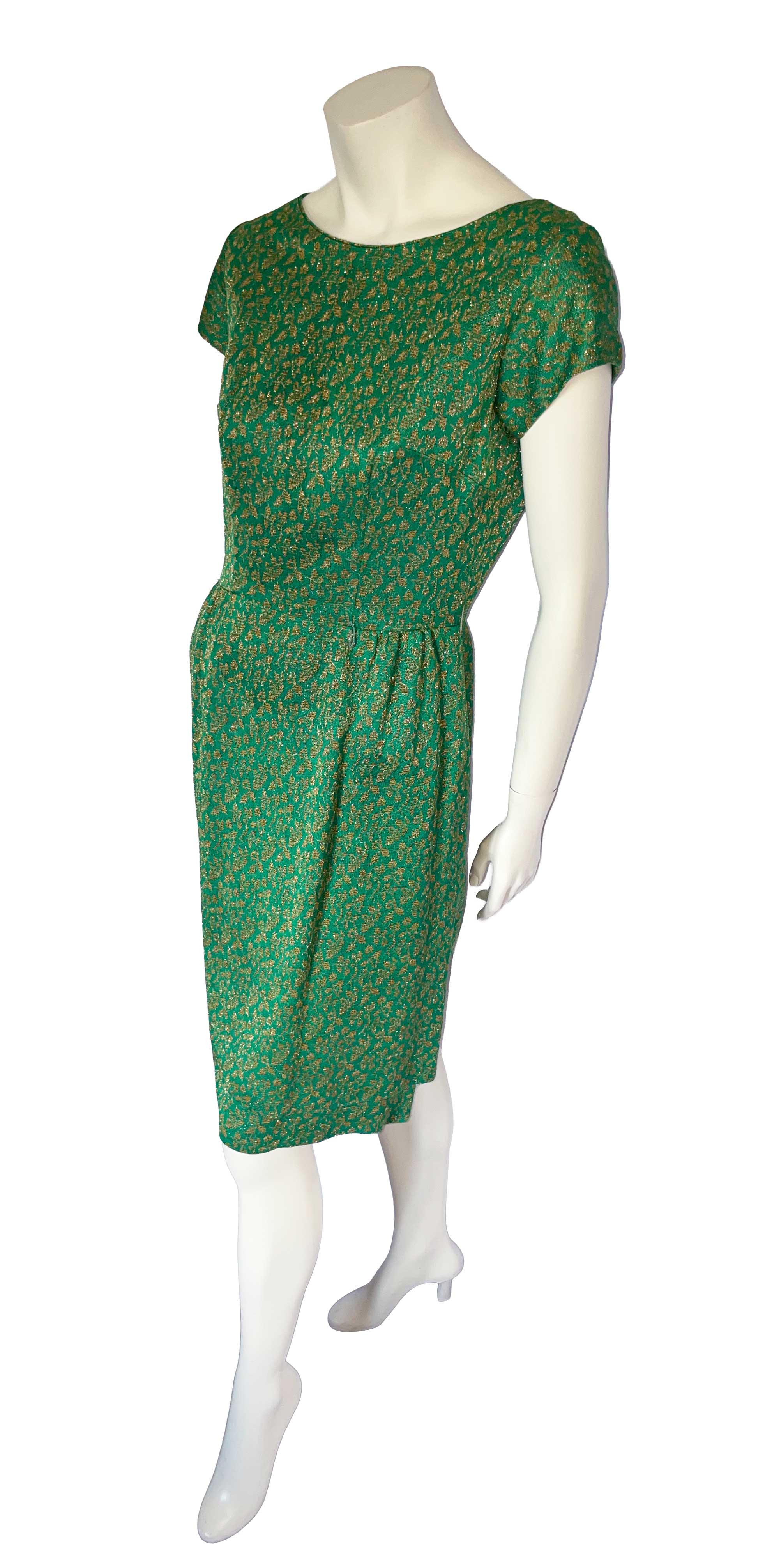 1960s green and gold metalic thread dress