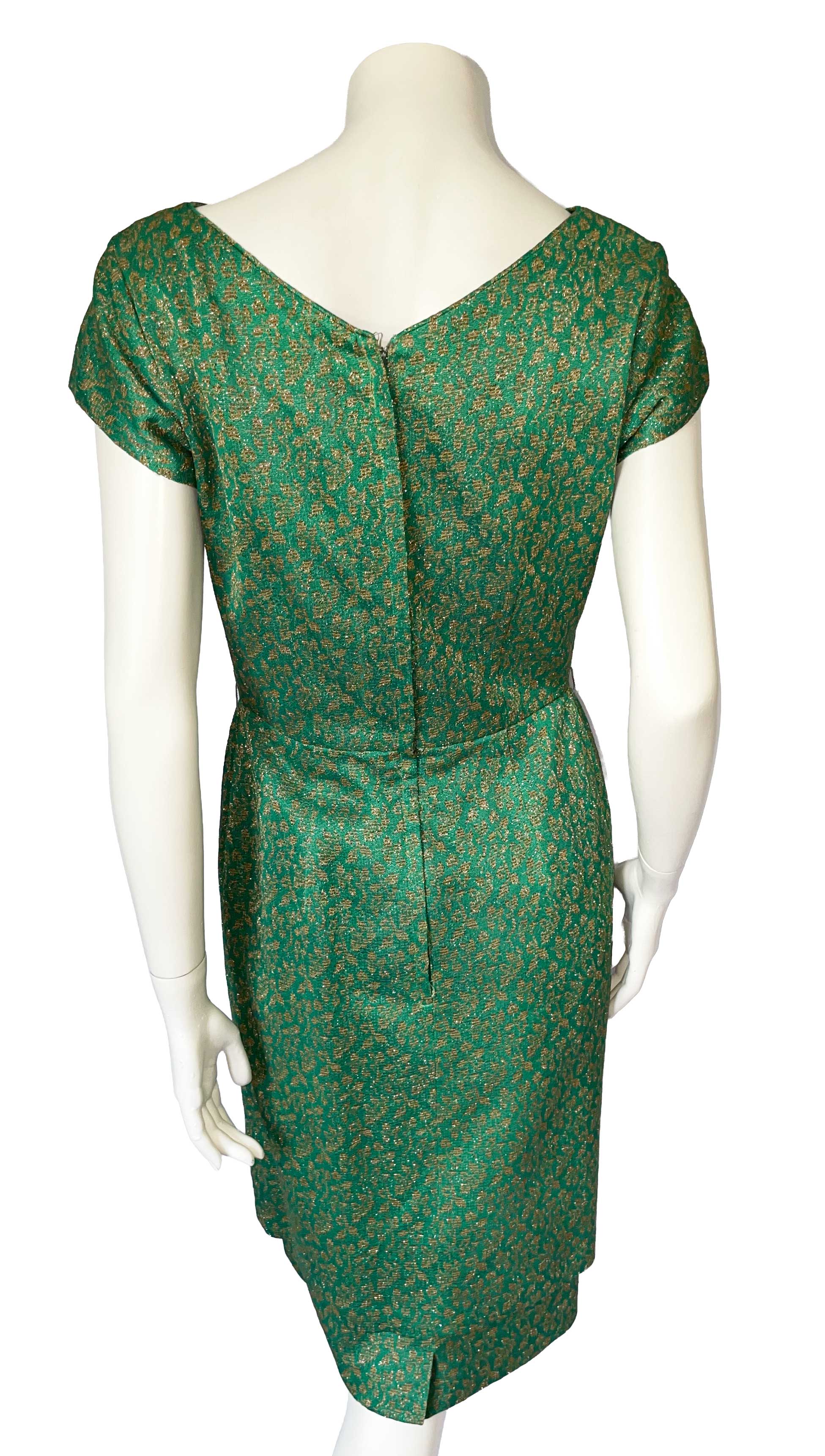 1960s green and gold metalic thread dress