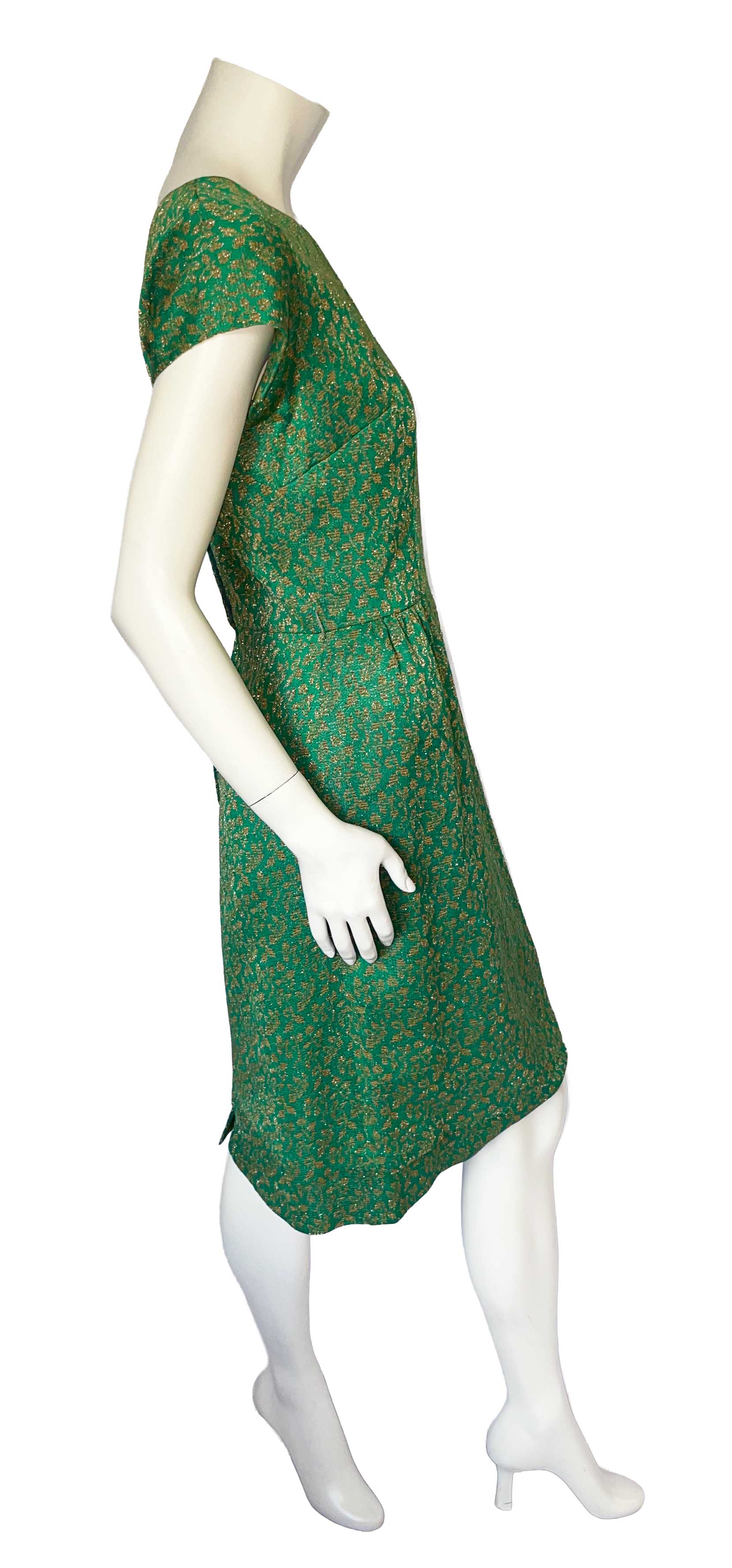 1960s green and gold metalic thread dress