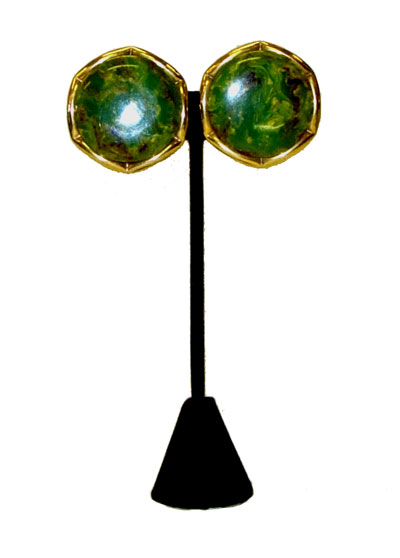 Green bakelite button clip earrings