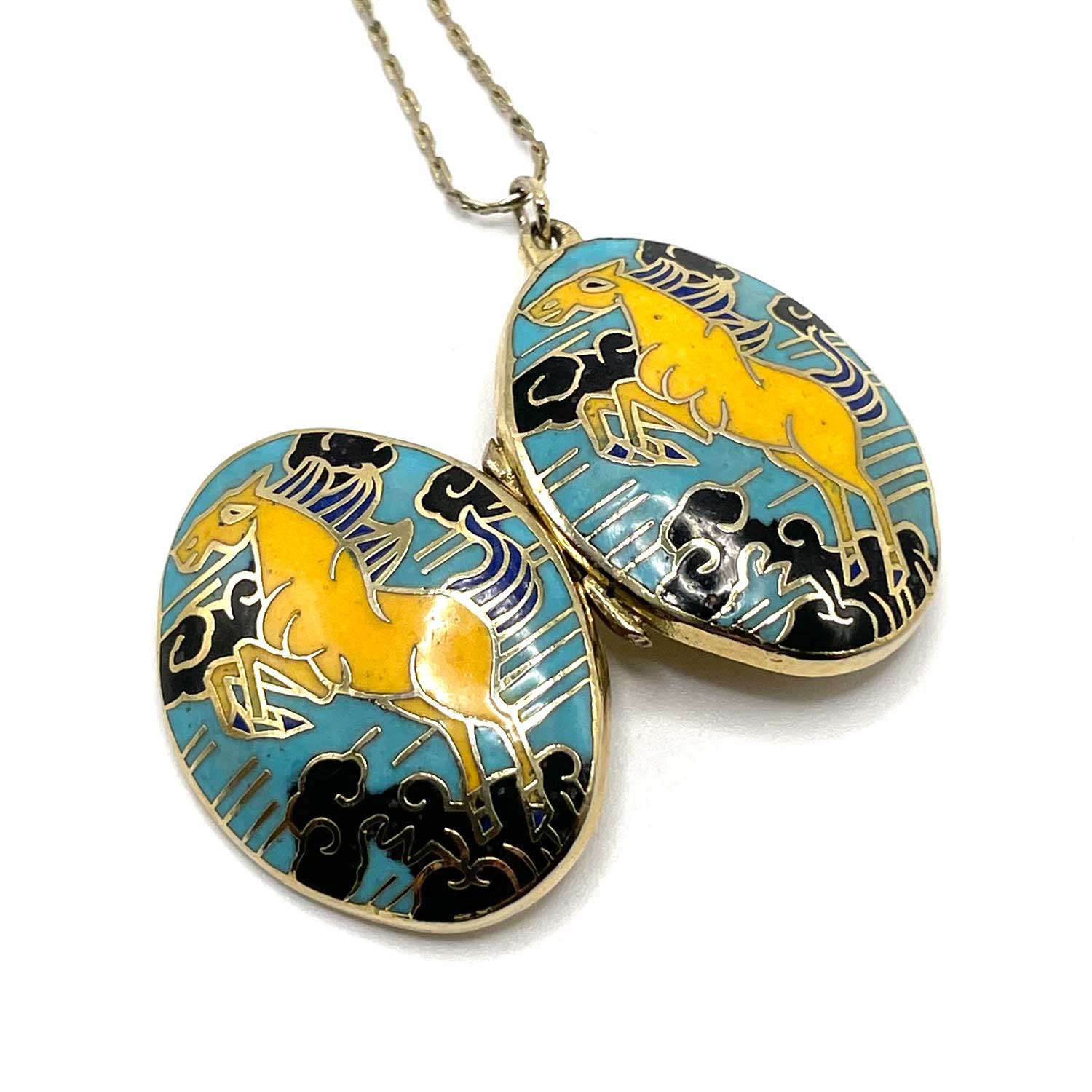 Vintage enameled horse locket necklace