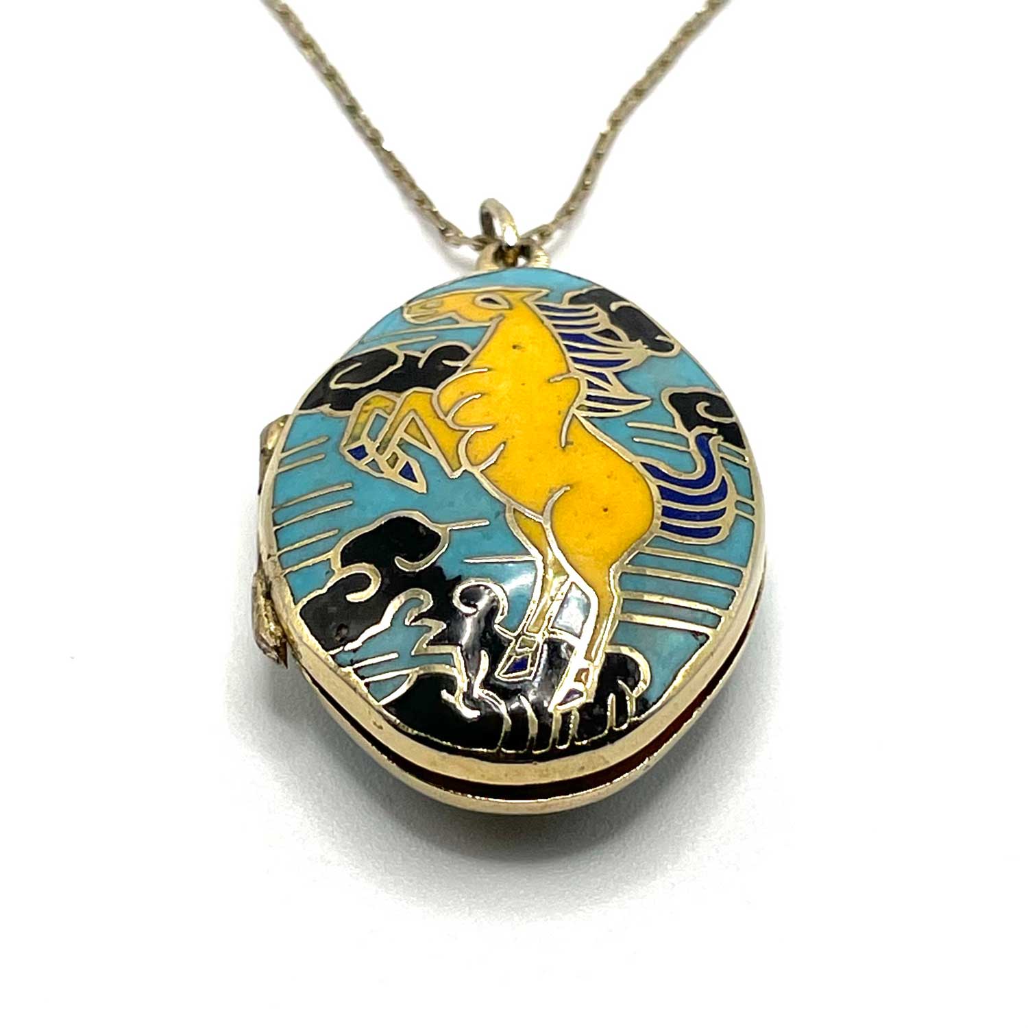 Vintage enameled horse locket necklace