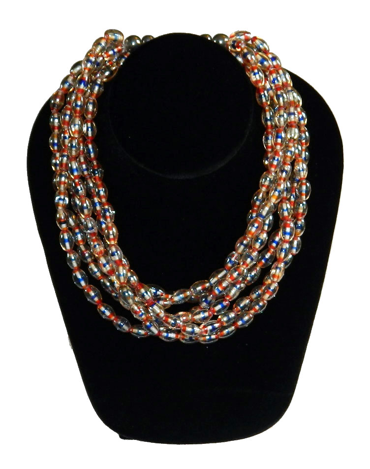 Triple strand blue glass bead necklace