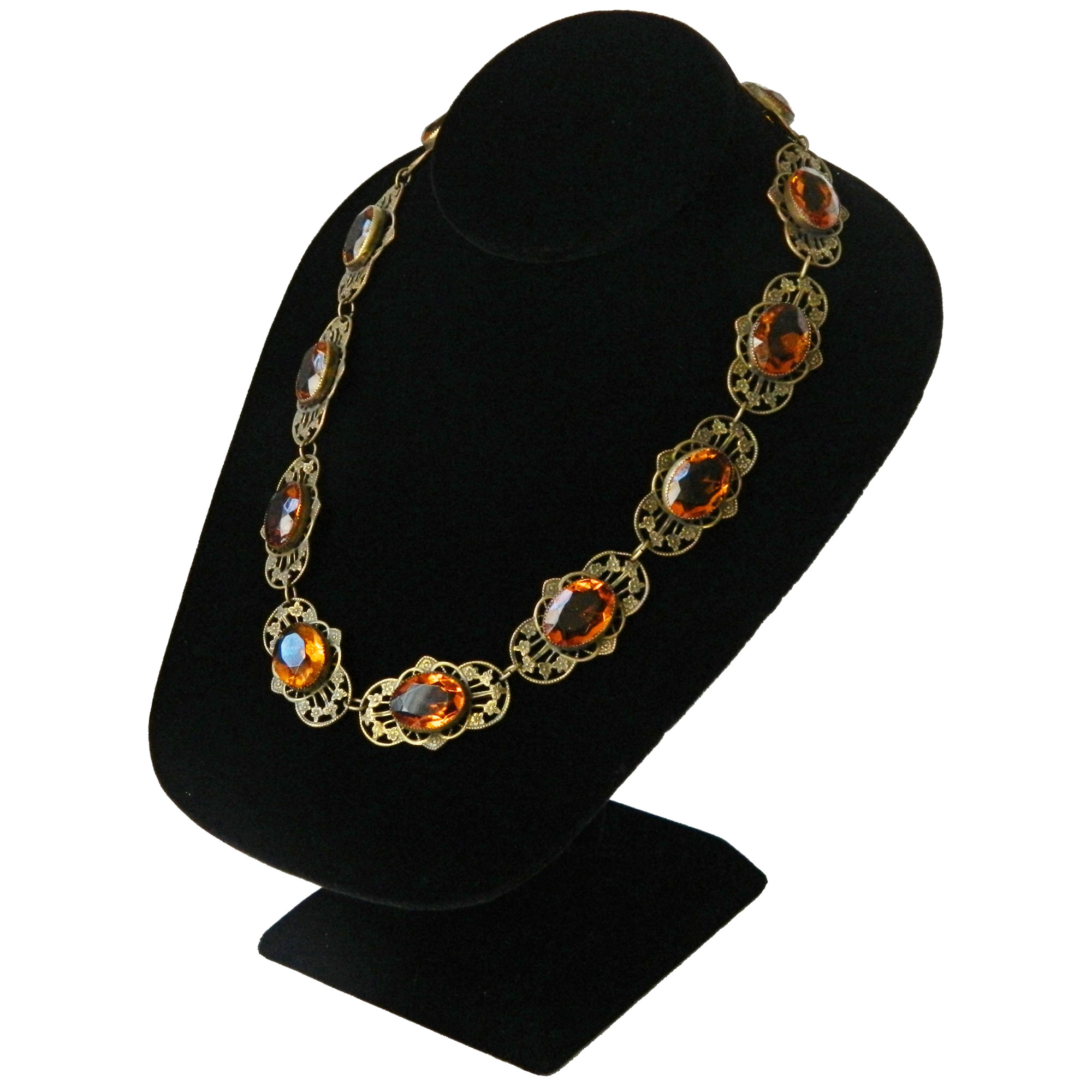 Czech Amber Glass Open Backed Rhinestone Necklace
