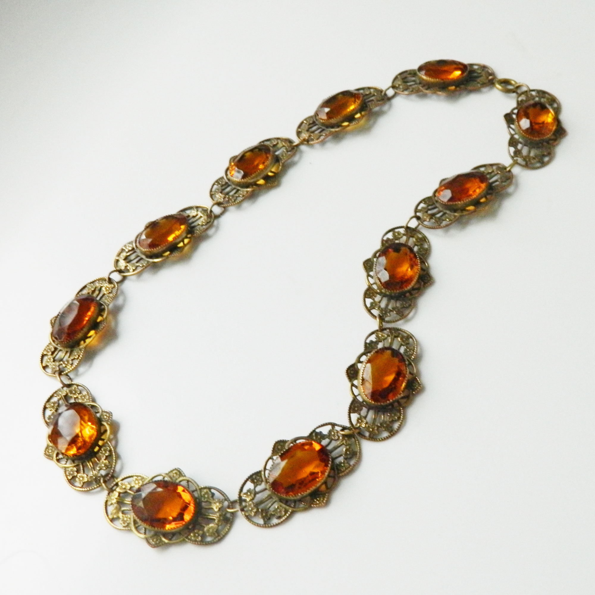 Czech Amber Glass Open Backed Rhinestone Necklace