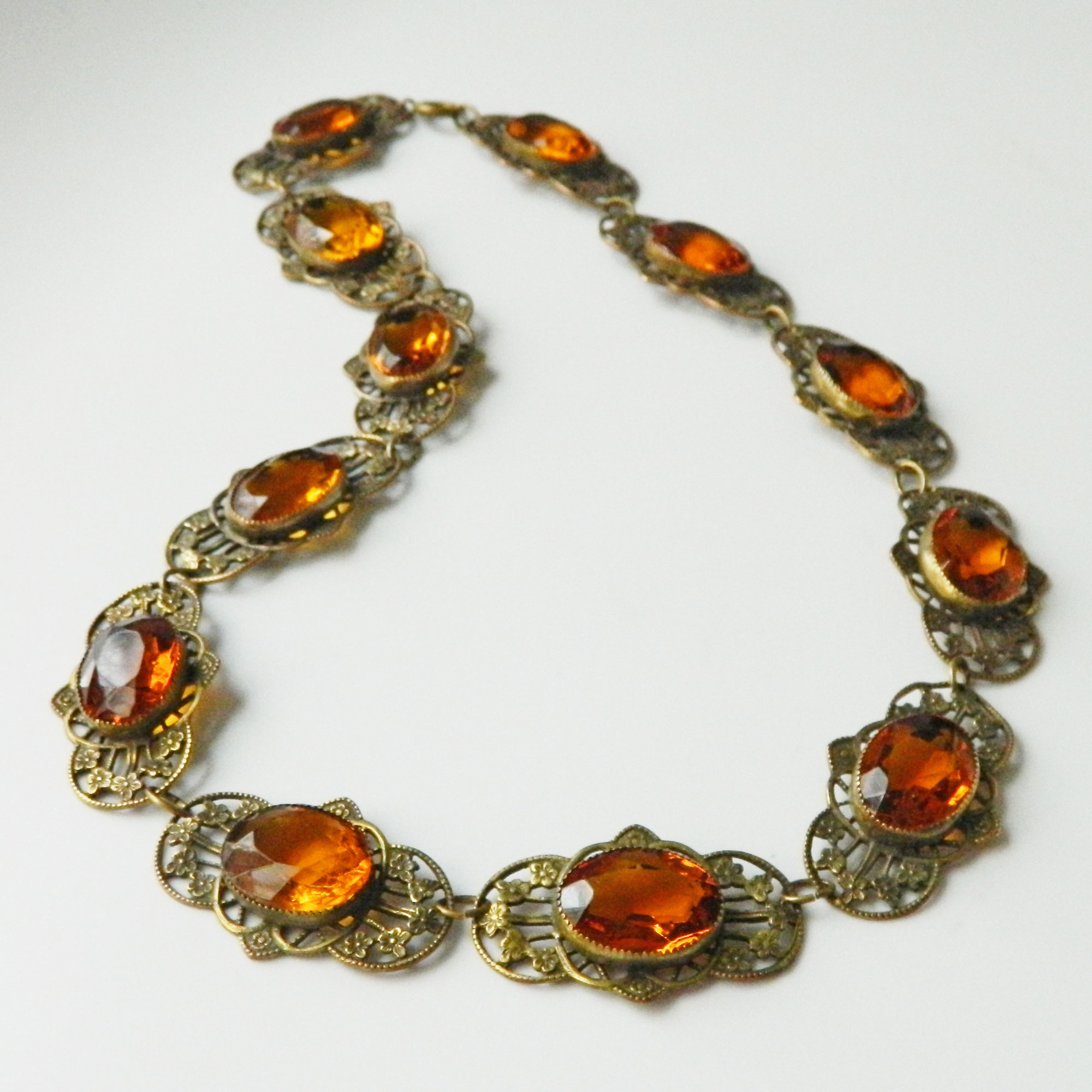 Czech Amber Glass Open Backed Rhinestone Necklace