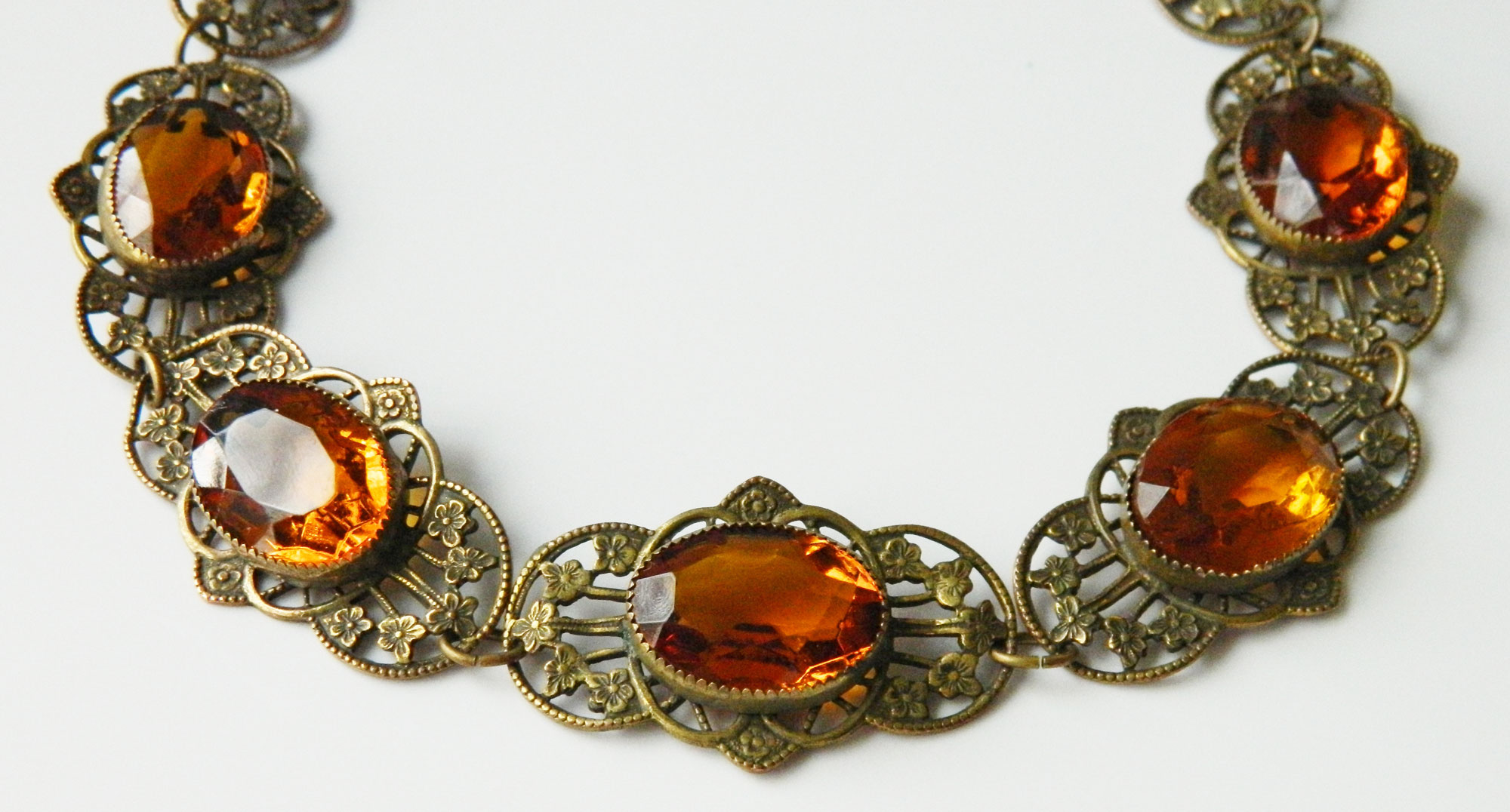 Czech Amber Glass Open Backed Rhinestone Necklace