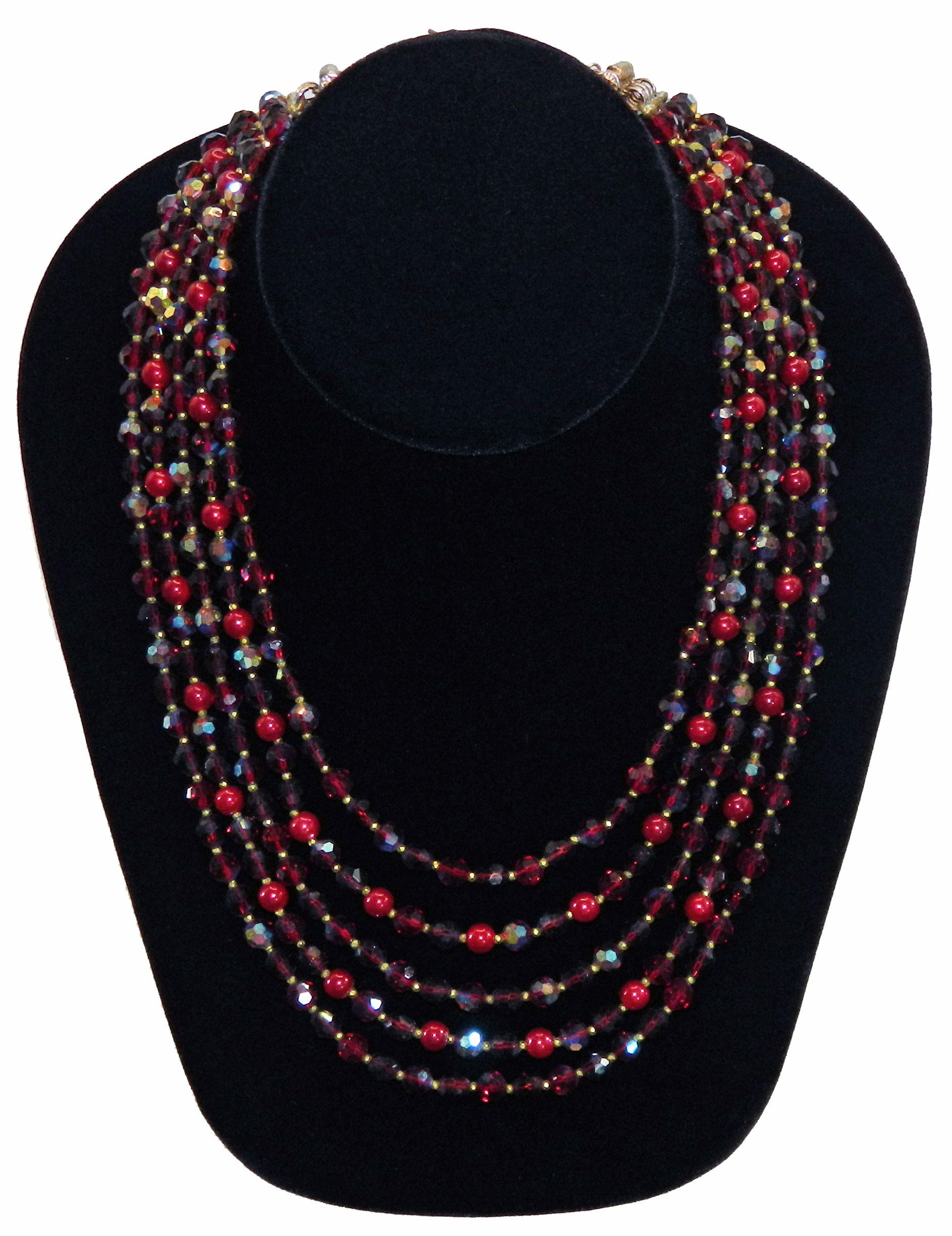 1950s Alice Caviness Quintuple Strand Red Beaded Necklace 