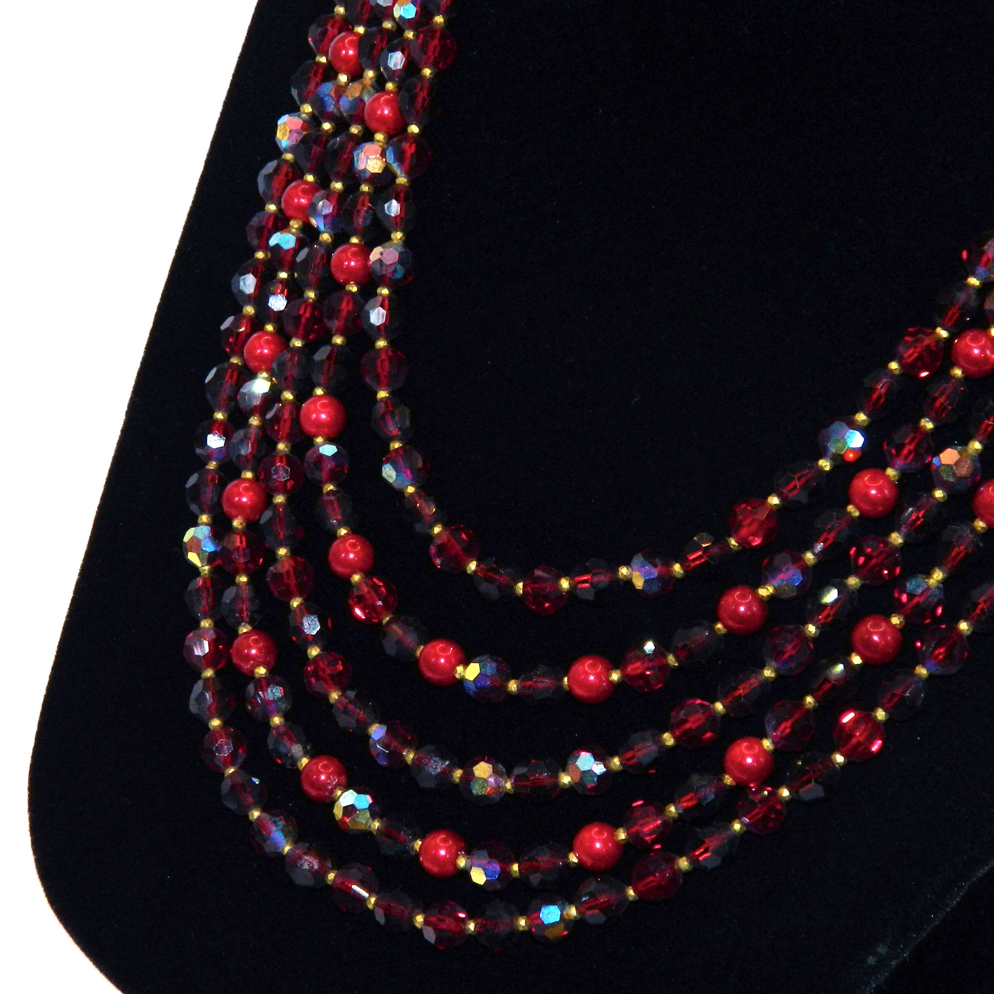 1950s Alice Caviness Quintuple Strand Red Beaded Necklace 
