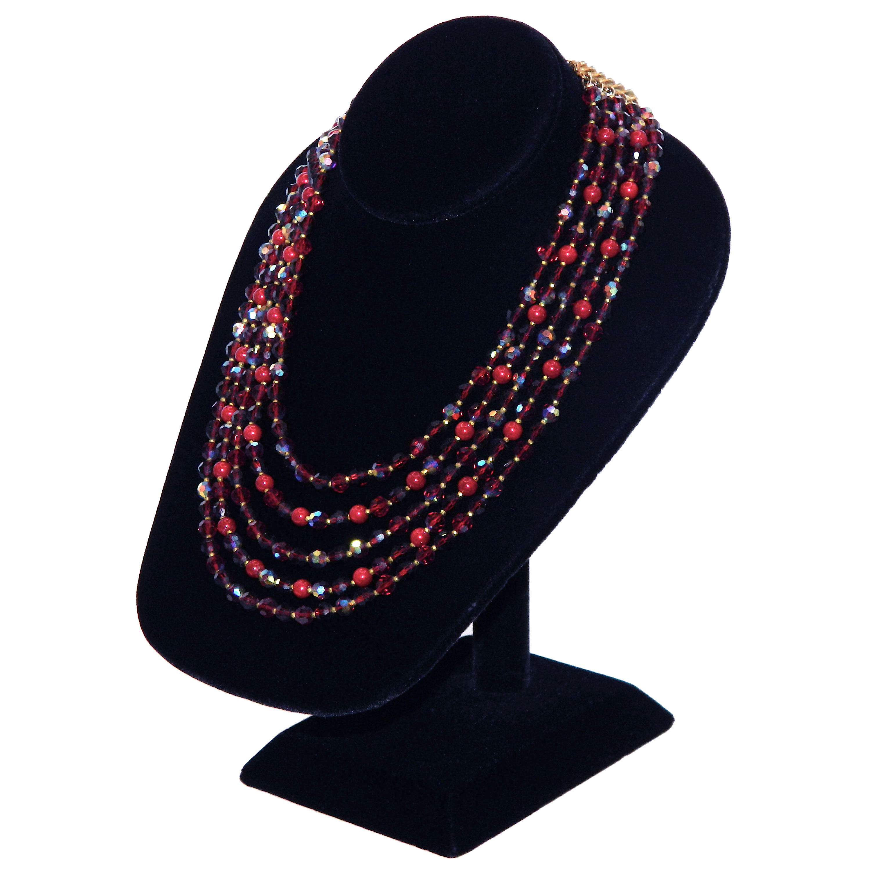 1950s Alice Caviness Quintuple Strand Red Beaded Necklace 