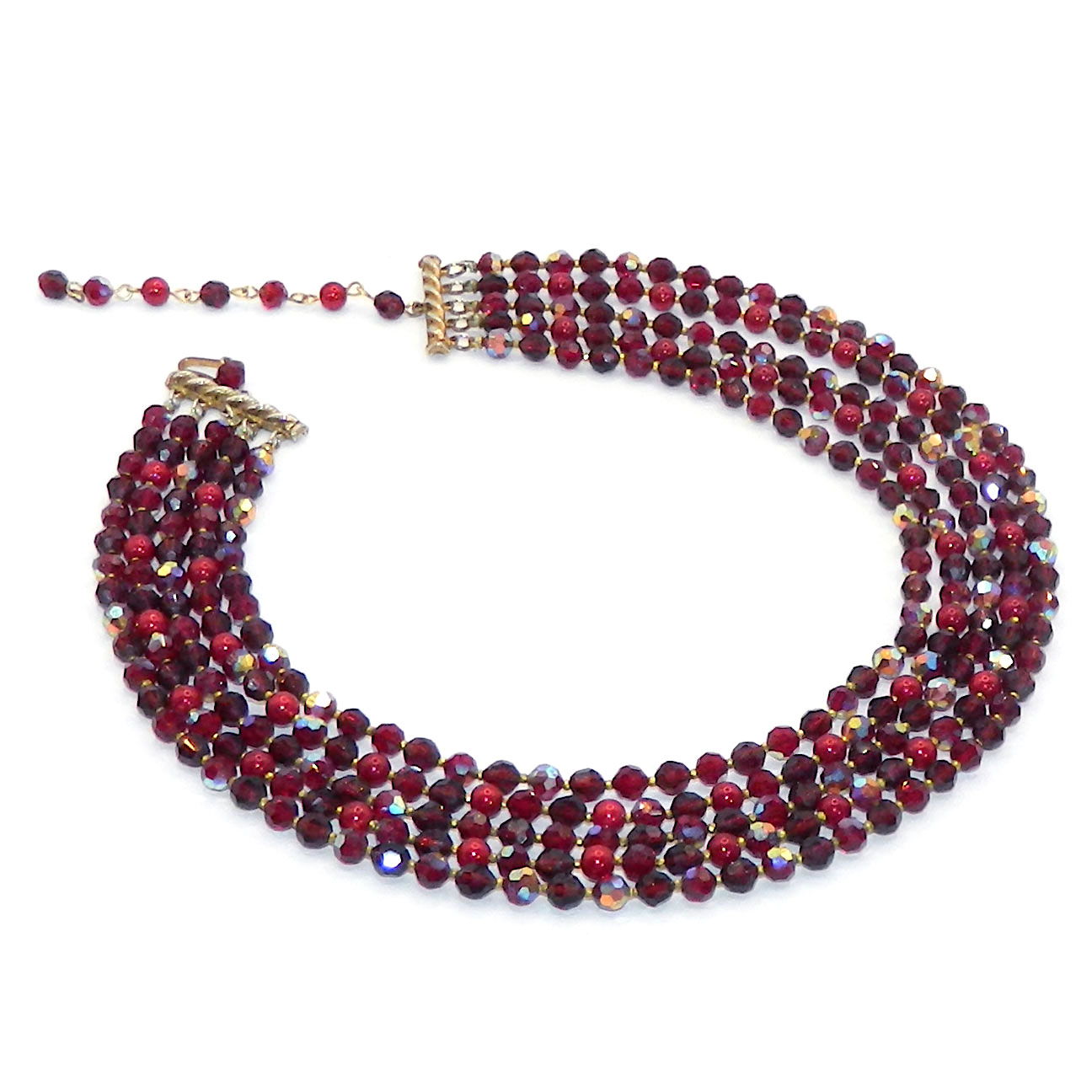 1950s Alice Caviness Quintuple Strand Red Beaded Necklace 