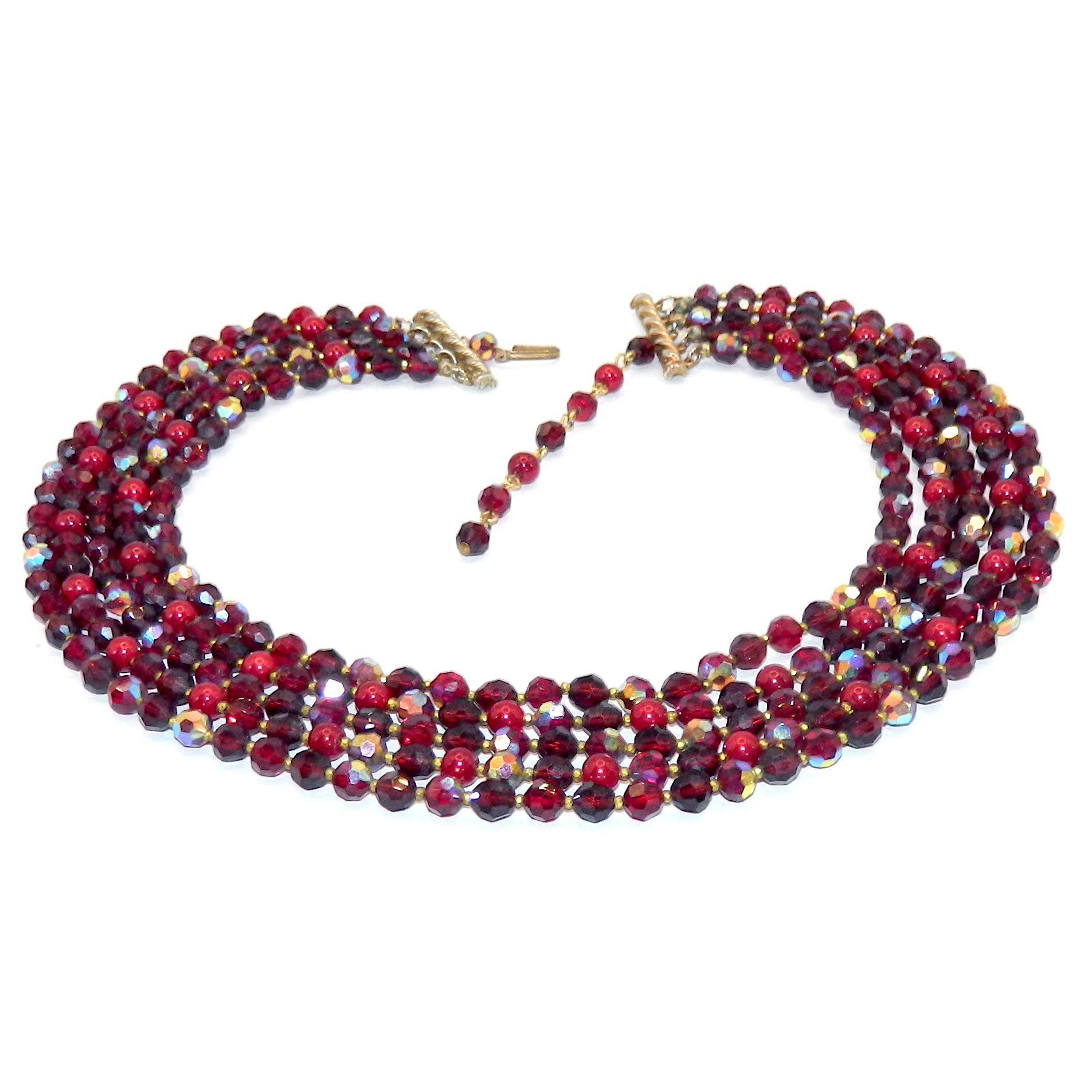1950s Alice Caviness Quintuple Strand Red Beaded Necklace 
