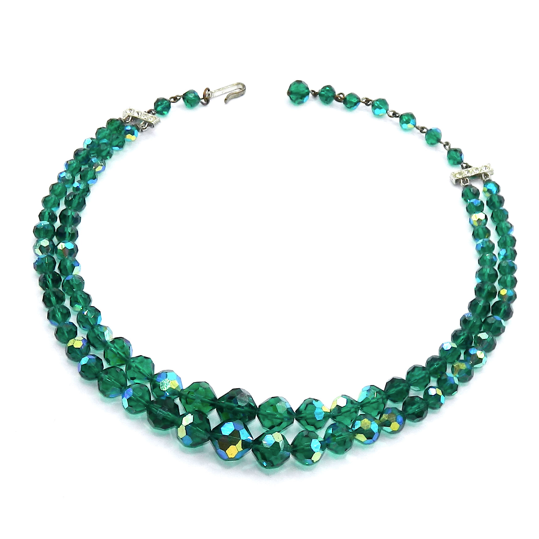 1950s Double Strand Green Aurora Borealis Beaded Necklace 