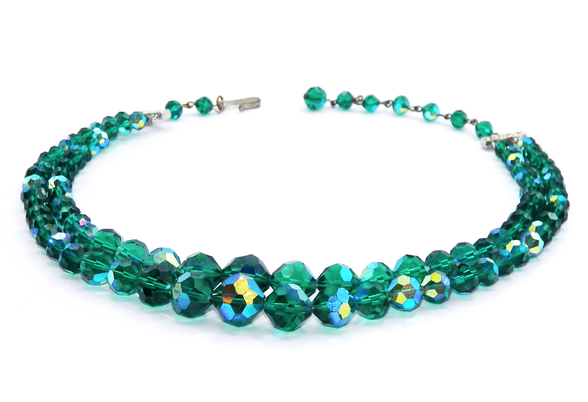 1950s Double Strand Green Aurora Borealis Beaded Necklace