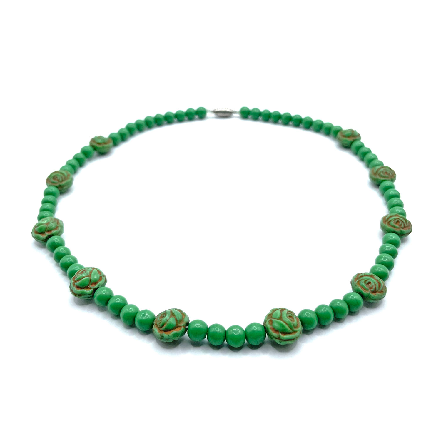 Green glass rose bead necklace