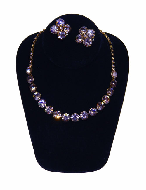 Vintage 1950's purple rhinestone necklace and earring set