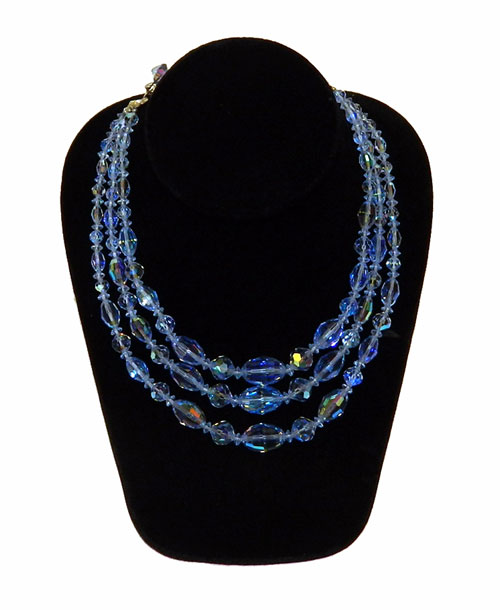 1950's blue aurora borealis crystal triple strand necklace