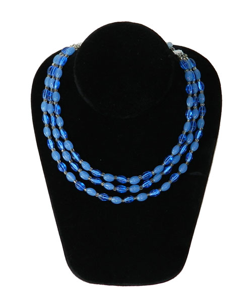 Triple strand blue glass bead necklace