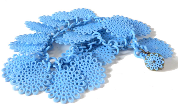 1930's blue celluloid bib necklace