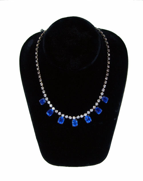 1950's rhinestone necklace with 5 emerald cut blue stones